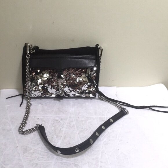 Rebecca Minkoff NEW Sequinned Mini Mac Leather Canvas Crossbody Shoulder Bag Zip - Picture 4 of 16